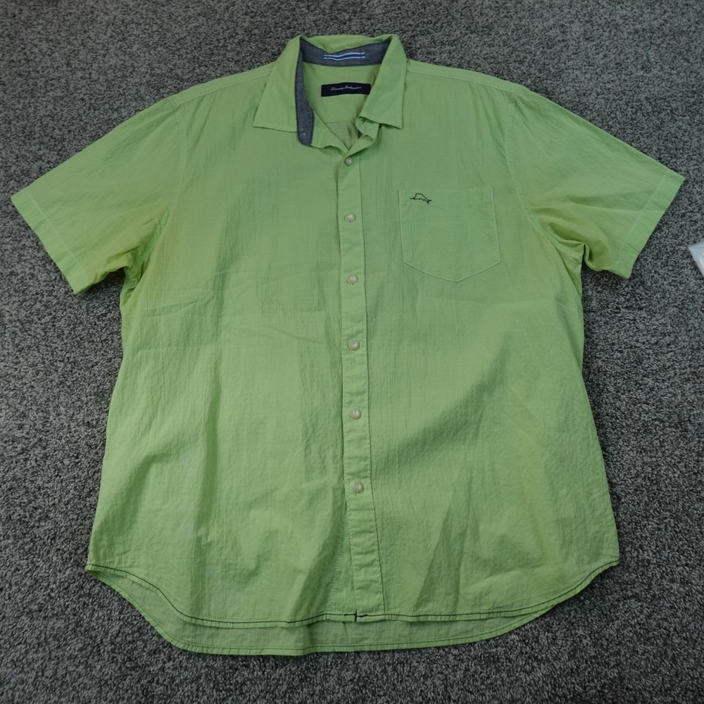 Tommy Bahama Shirt Mens XL Green Seersucker Short Sleeve Button Up Marlin Logo